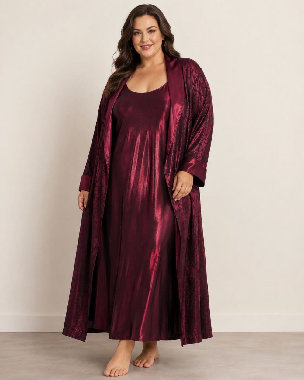 Judith Hart 1X Burgundy Satin Slip Dress and Robe Set Vintage Lounge Set